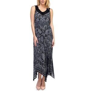 Bila Dress Womens Large Navy Blue Boho Print Handkerchief Hem Peasant Hippie